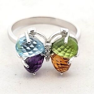 14K White Gold Diamond Briolette Cut Multi-Stone Butterfly Ring